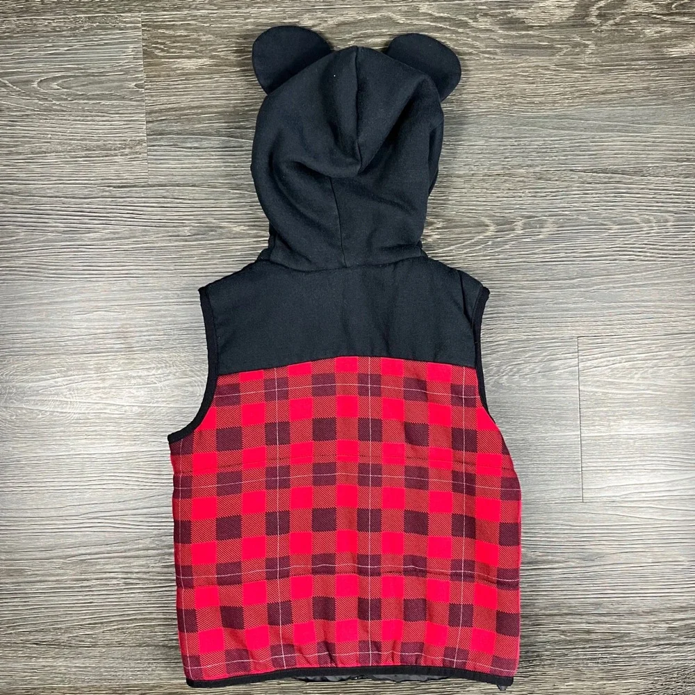 Disney Mickey Mouse Kids Red Buffalo Plaid Hooded Puffer Vest Ears Size 6 Unisex